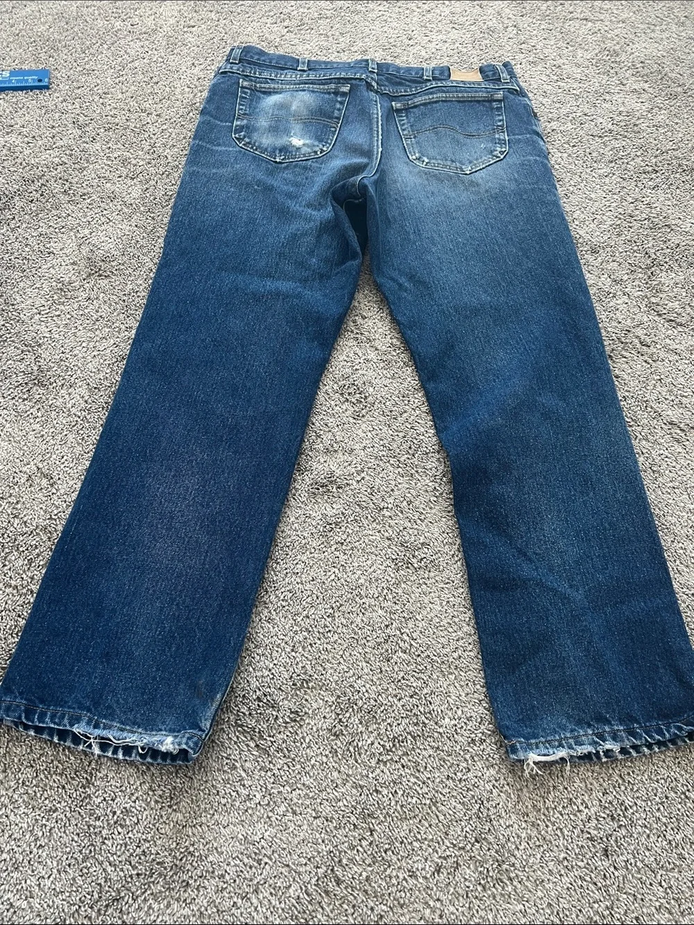 Lee Men's Bootcut Jeans in Dark Blue Wash with Worn Hem - Size 38
